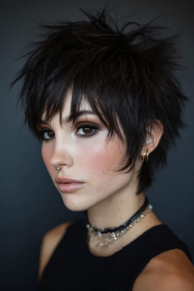 Gothic choppy pixie with dark texture.
