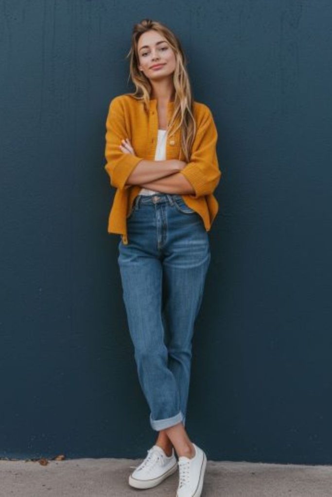 Relaxed ankle jeans cardigan casual look