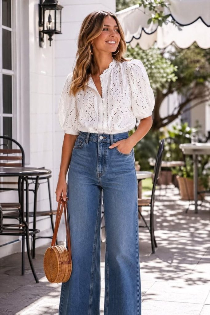 Mid rise jeans eyelet blouse style
