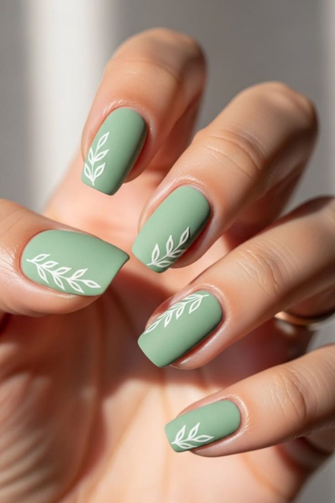Matte sage nails with leaves.