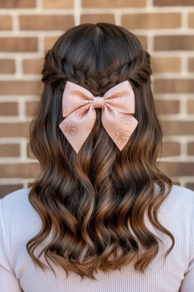 Half-up bow twist hairstyle style.