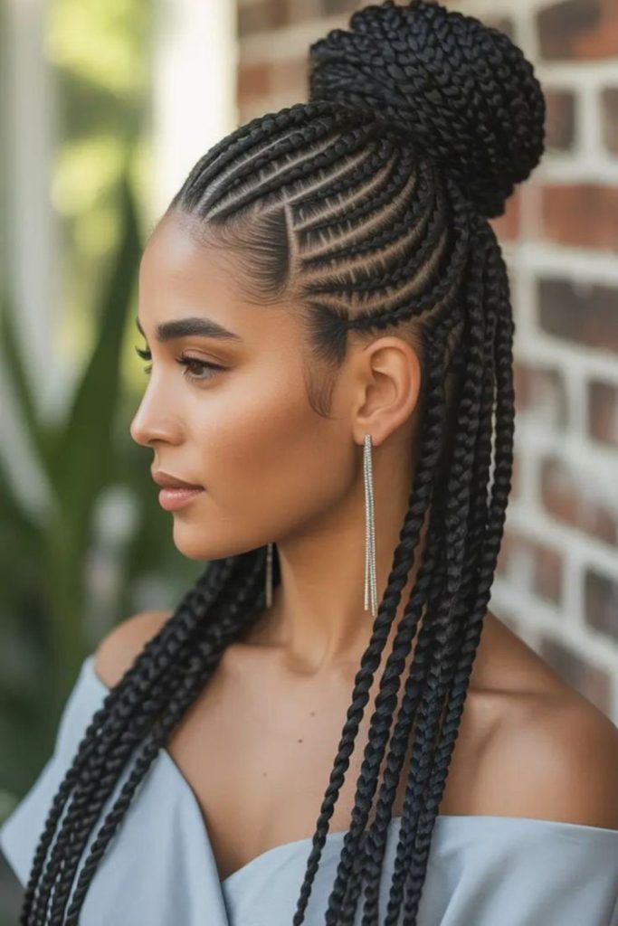 Half-up natural cornrow hairstyle.