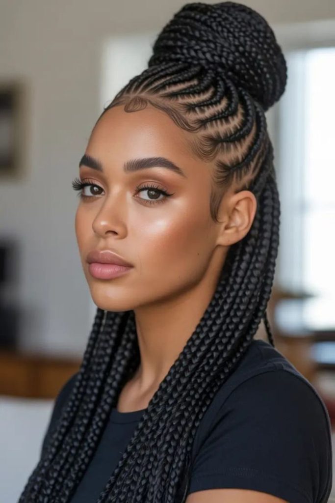 Half-up braided cornrow crown style.