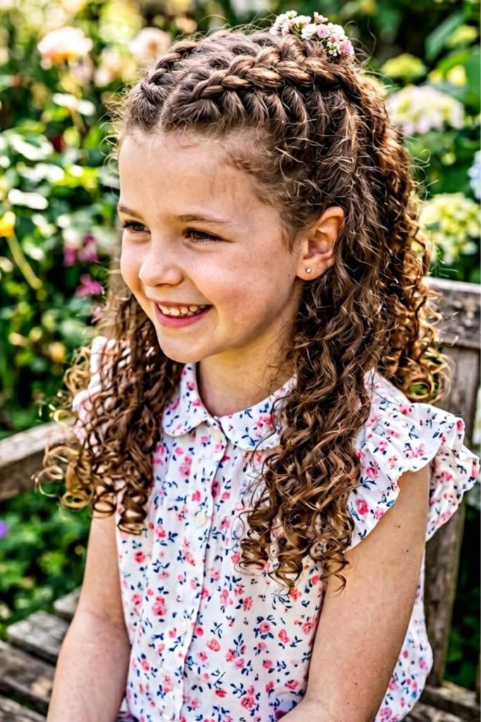 Half up pineapple curly hairstyle.