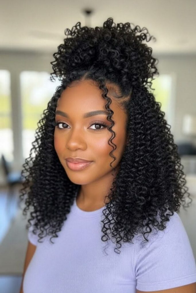 Half up twists with loose curls.