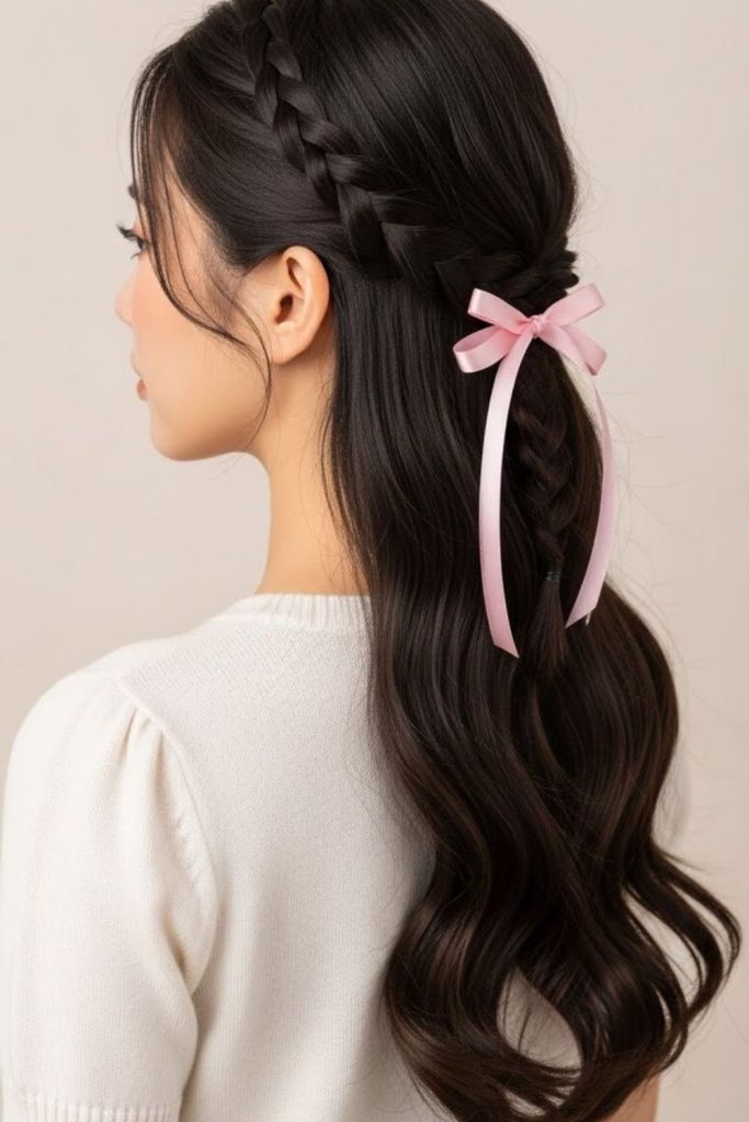 Half-up ribbon twist hairstyle.