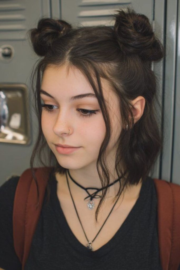 Half-up space buns with waves.
