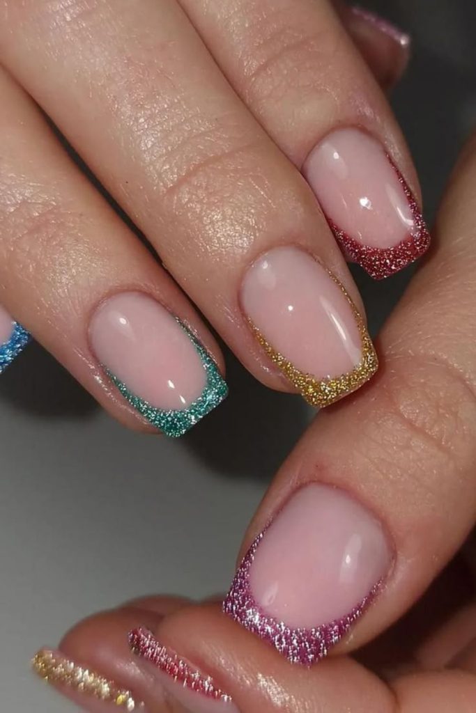 Glitter French tip school nails design.