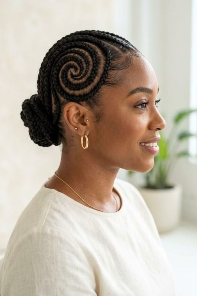 Circular halo crown cornrow hairstyle.