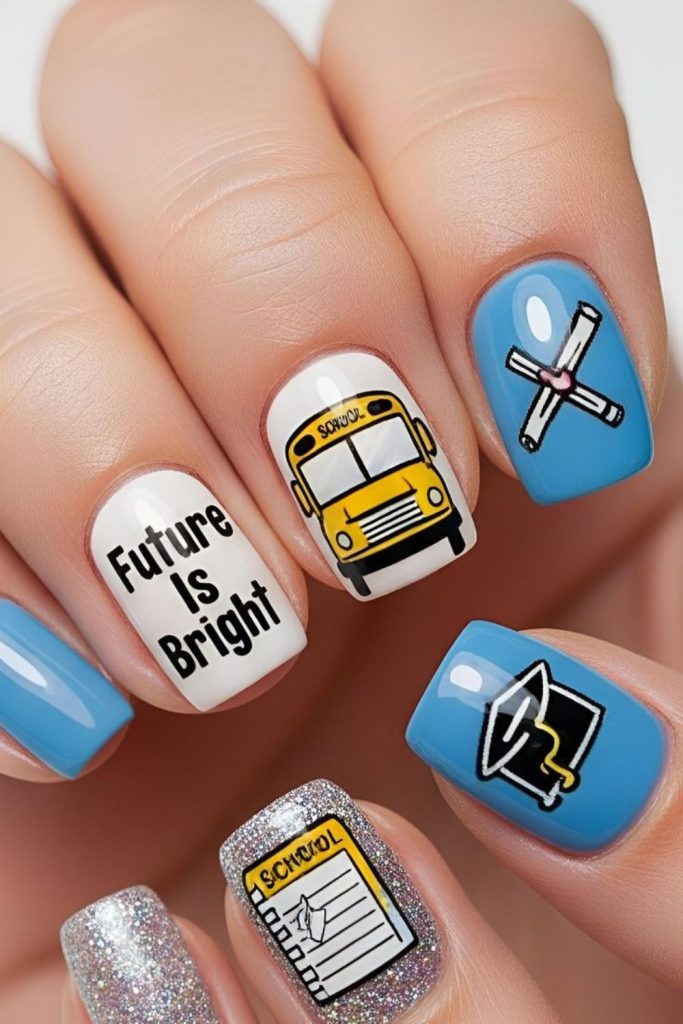 Happy school bus themed manicure.