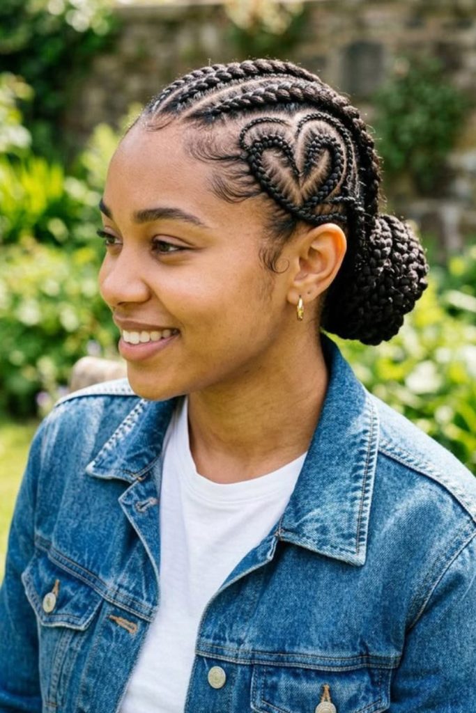 Heart shaped artistic cornrow braid design.