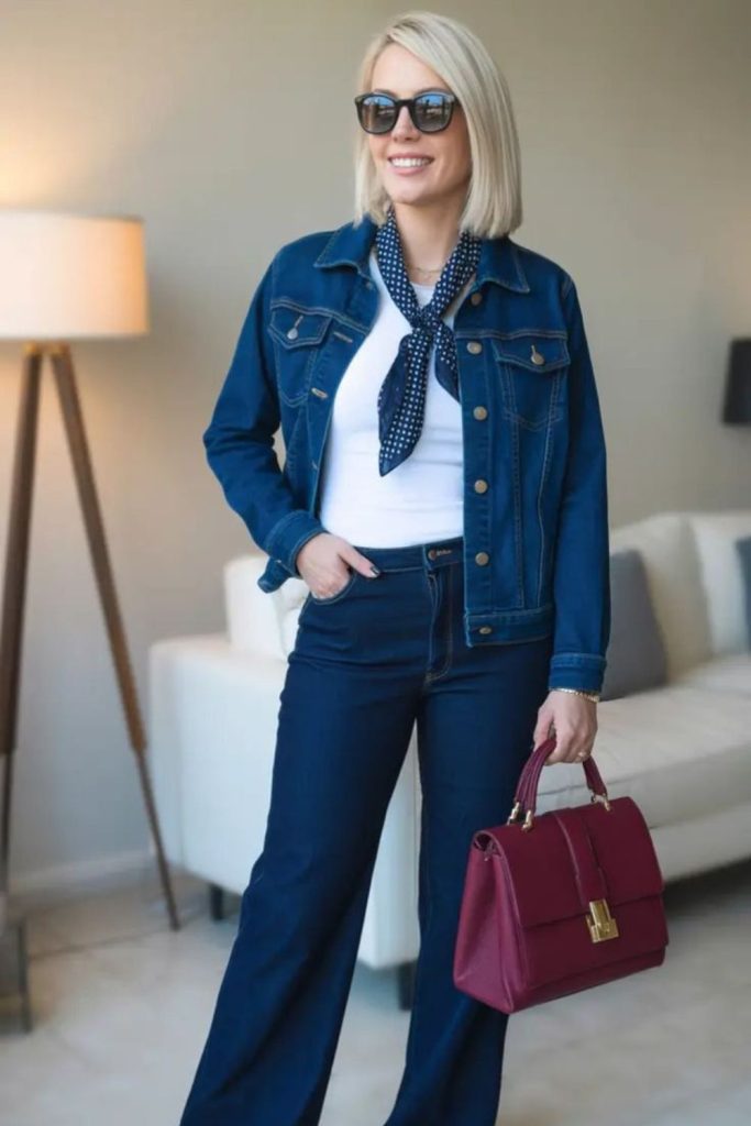 Dark wash jeans scarf casual style