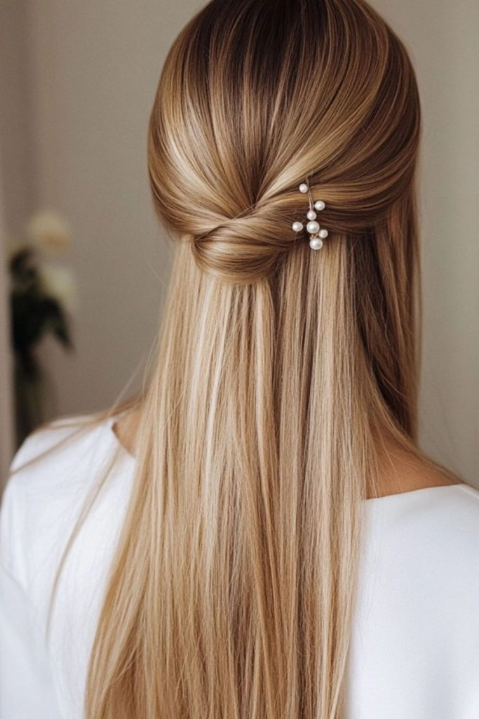 Straight hair featuring hidden twist details.