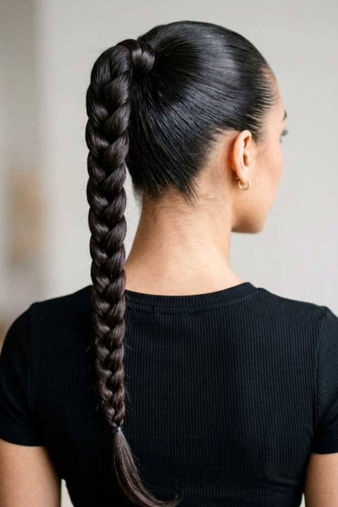 High braided ponytail sporty hairstyle.