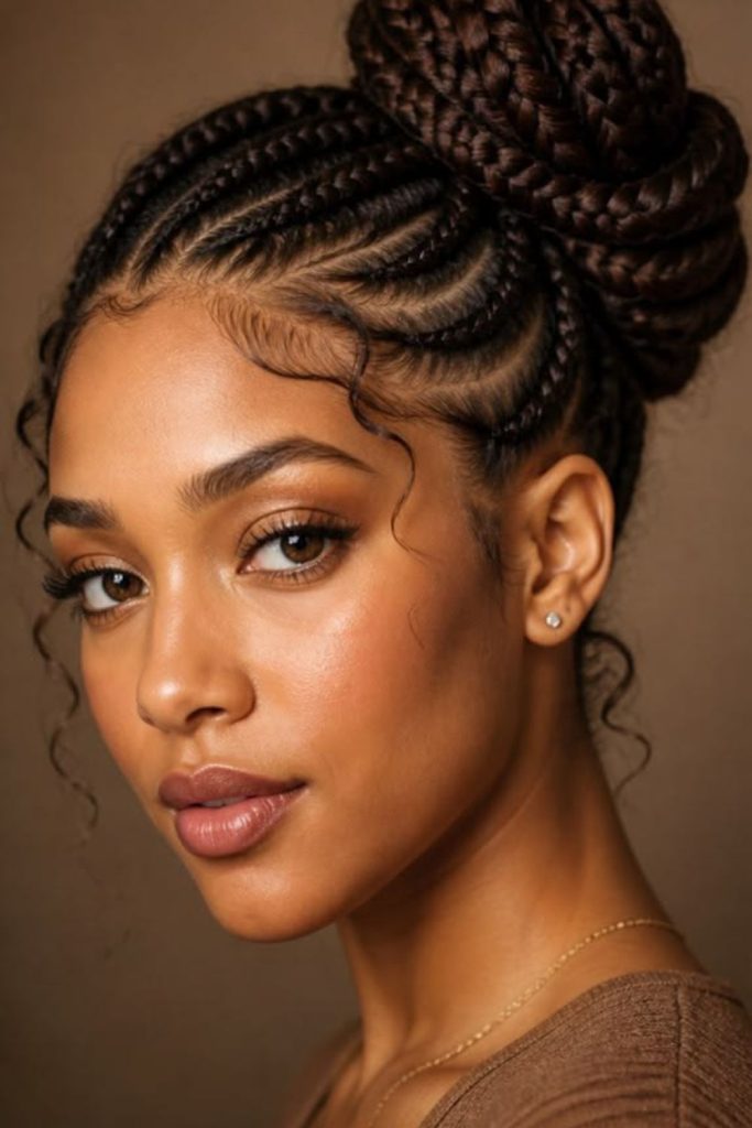 High bun with natural cornrows.