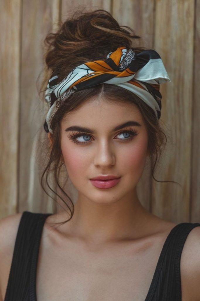 Messy bun wrapped with bandana.