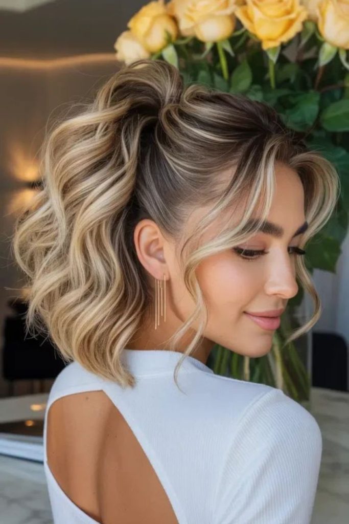 High ponytail with smooth finish.