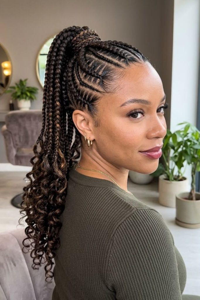 High ponytail sleek cornrow braids.