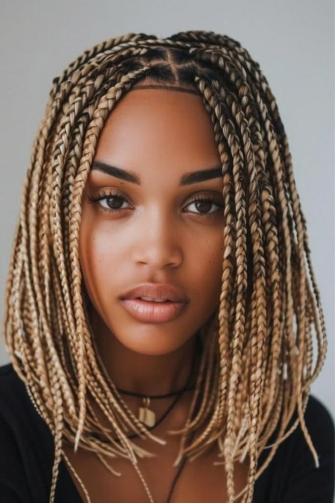 Honey blonde braided bob hairstyle.