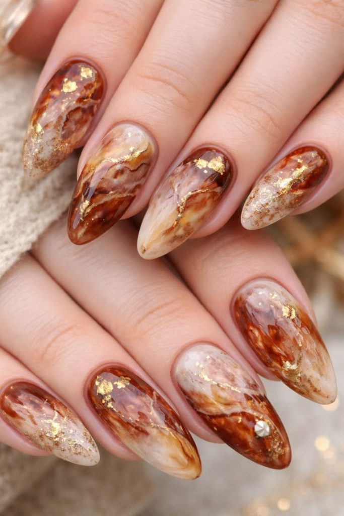 Honey caramel lion mane marble nails