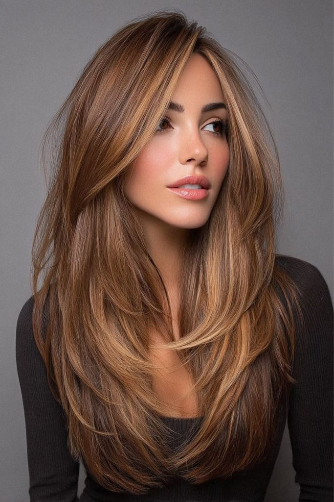 Honey satin cascading straight hairstyle.