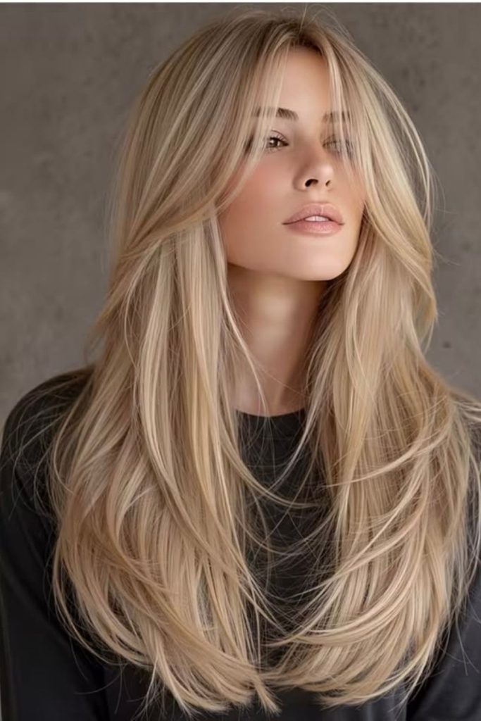 Ice blonde sleek straight hair.