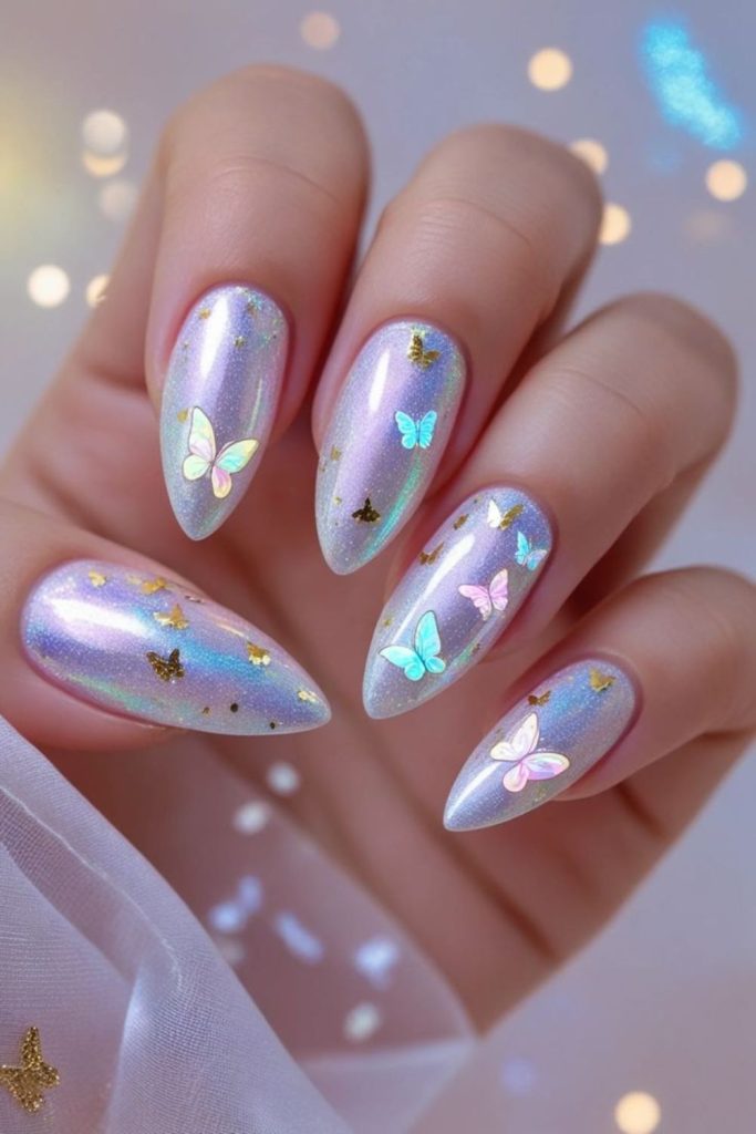 Iridescent butterfly nails with delicate wings.