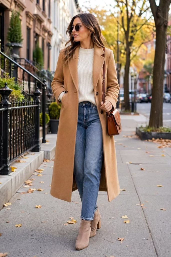 Ivory sweater with camel coat