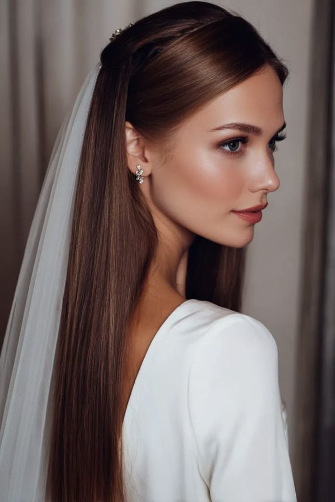 Long straight hair under ivory veil.