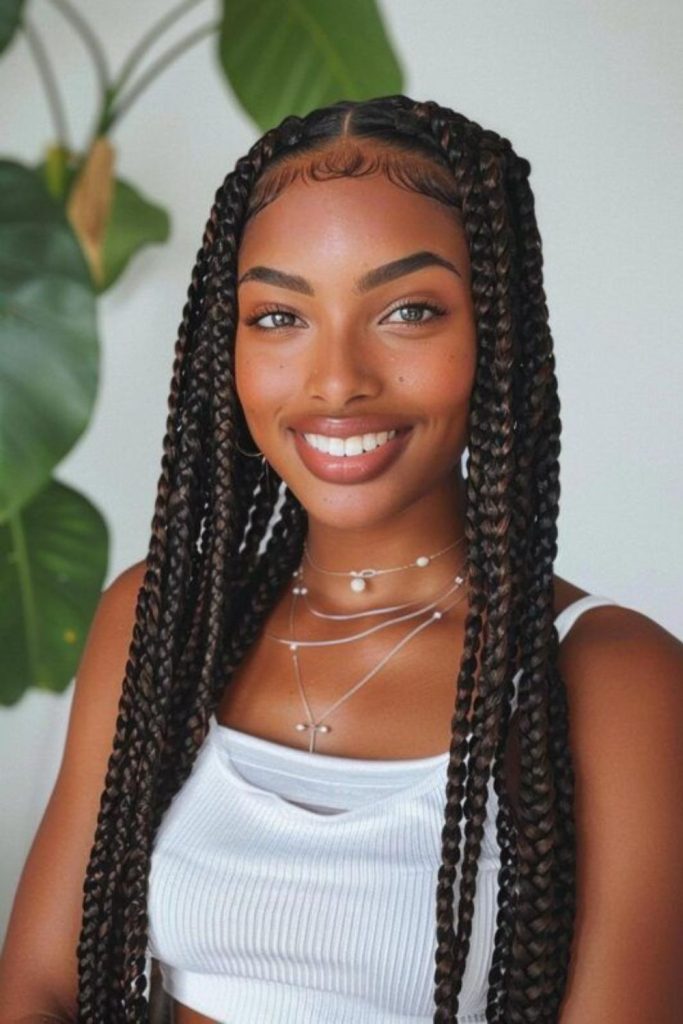 Jumbo box braids with bold sections.