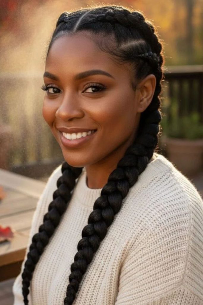 Bold jumbo cornrows for natural hair.
