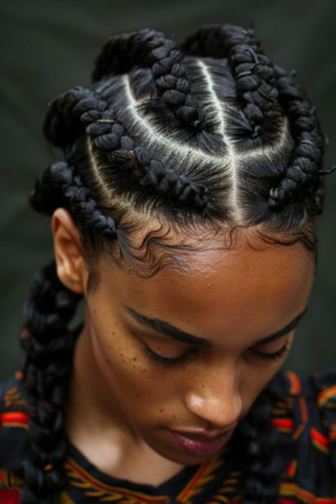 Thick jumbo protective cornrow braids.