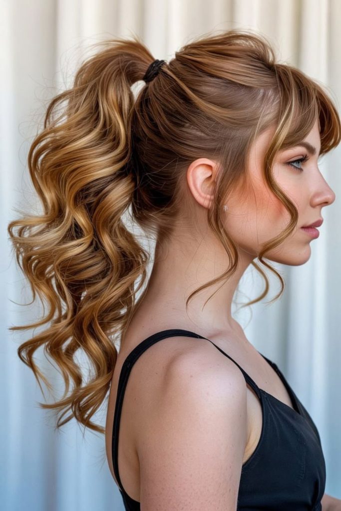 Lantern glow ponytail with metallic ribbon.