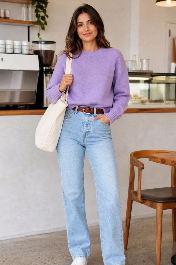 Lavender sweater with classic blue jeans