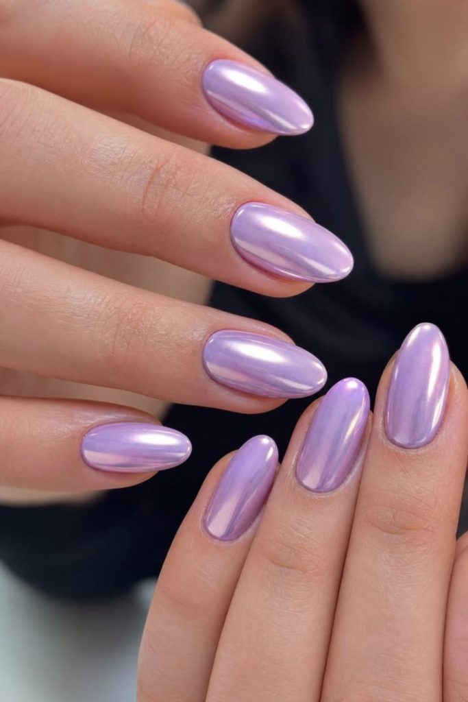 Lavender chrome nails for students.