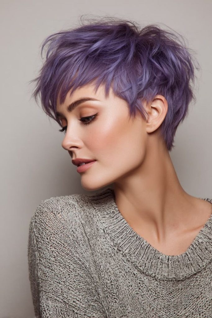 Lavender razor pixie with textured layers.