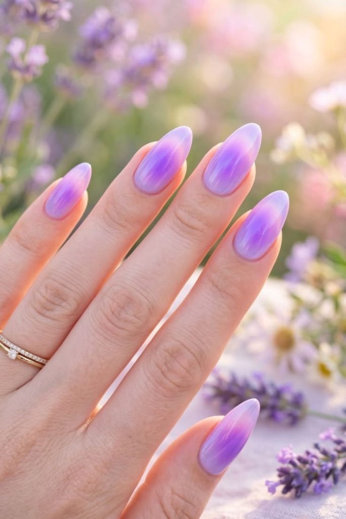 Lavender shimmer elegant July nail design.
