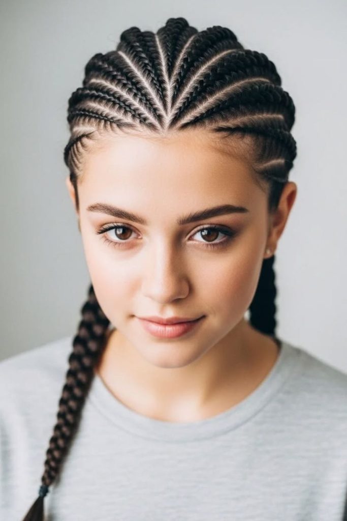 Layered natural cornrow braid pattern hairstyle.