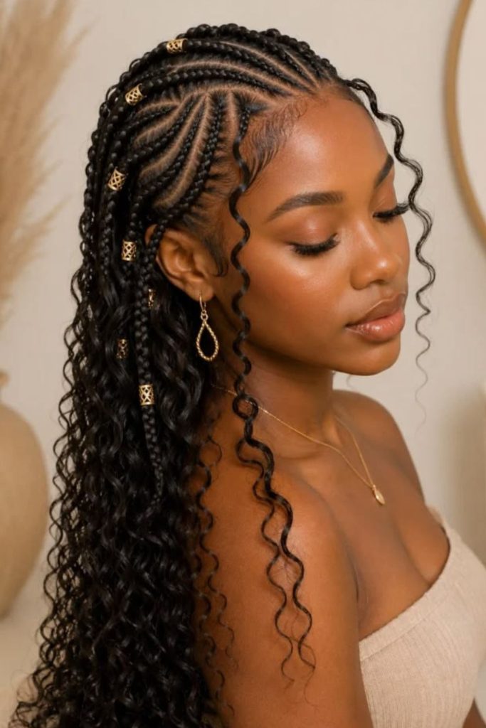 Layered feed-in natural cornrows style.