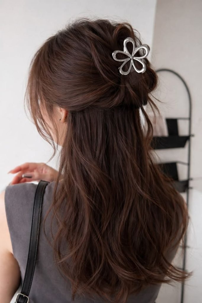 Easy claw clip school hairstyle.