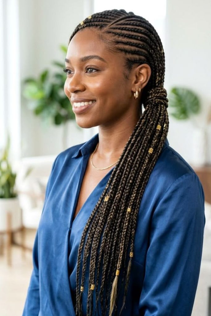 Stylish side swept lemonade cornrow braids.