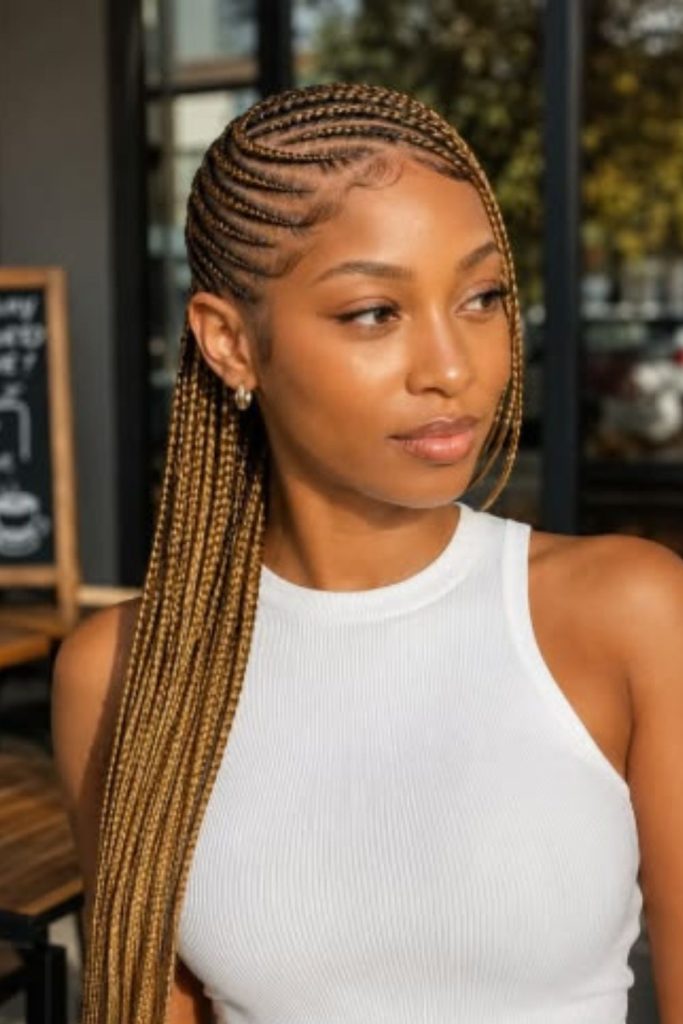 Side-part lemonade cornrow braid style.