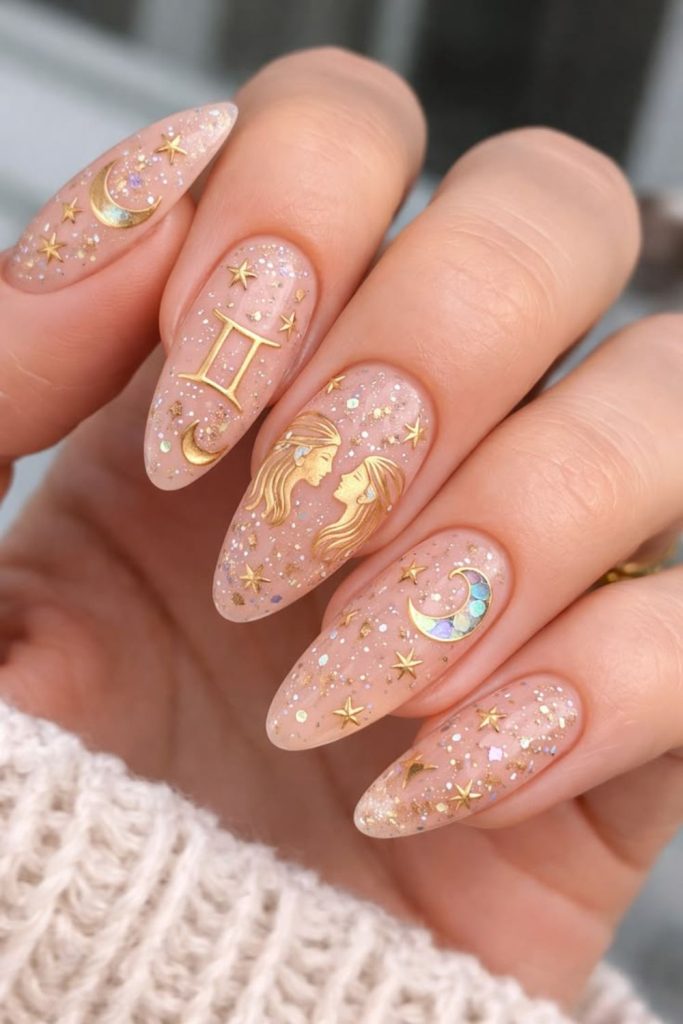 Sparkling Leo birthday zodiac nails