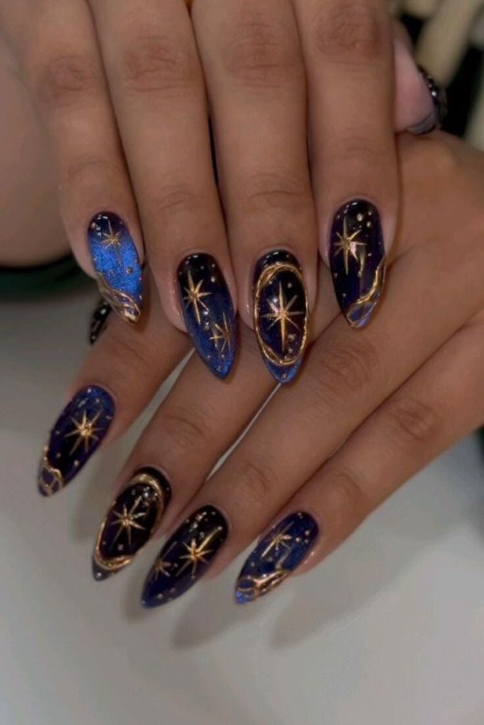 Starry night Leo constellation nails