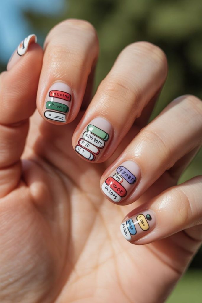 Tiny colorful library book stack nails.