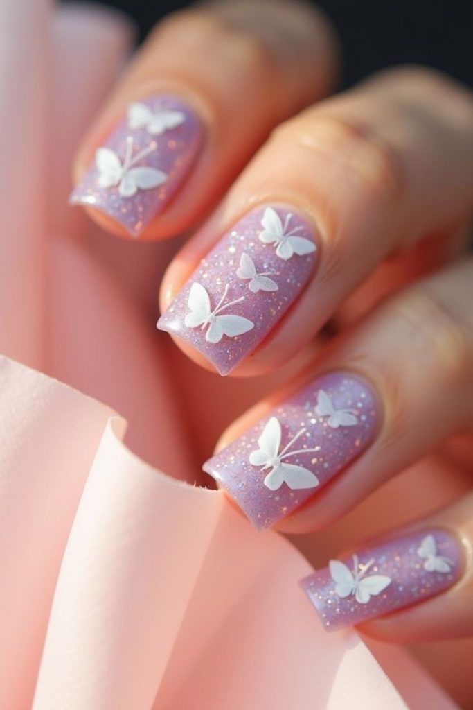 Lilac butterfly nail art design.