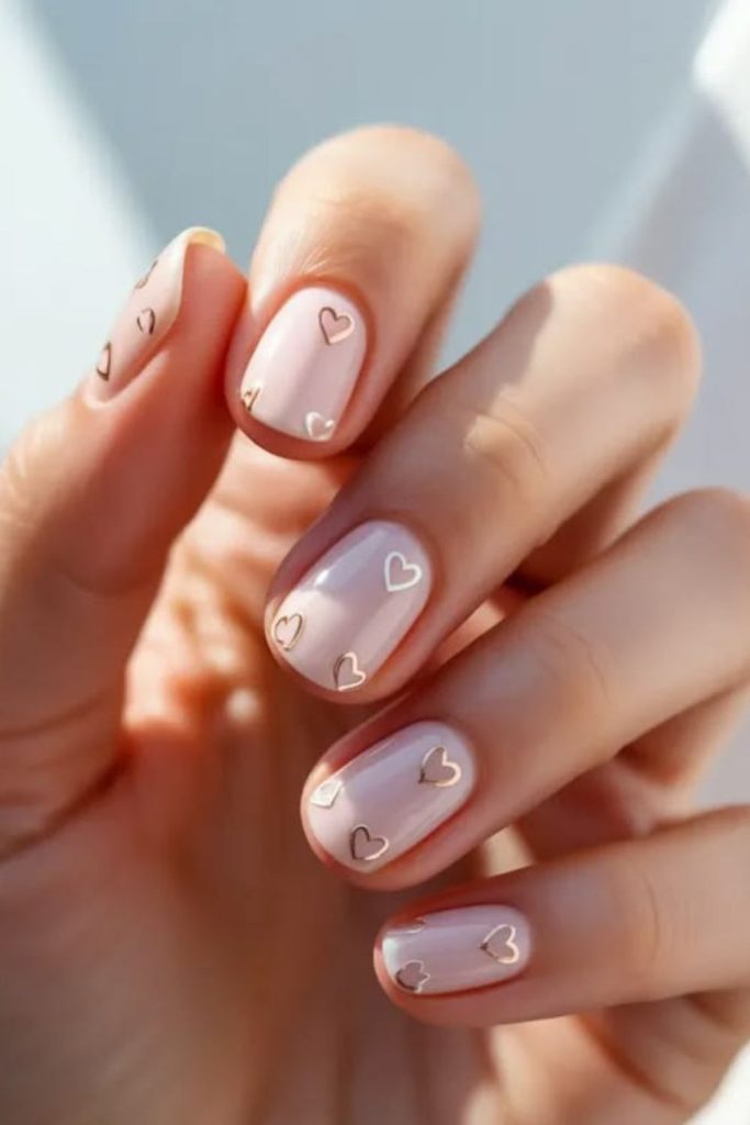 Nude nails with pastel hearts.