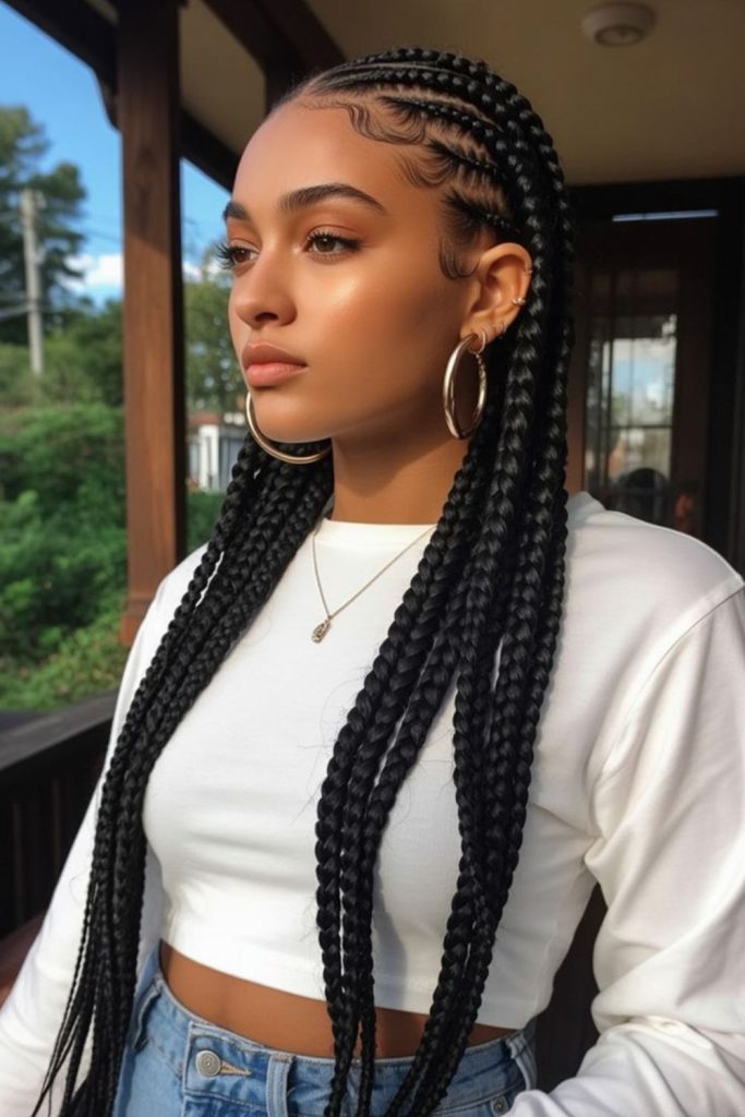 Long goddess-style natural cornrows.