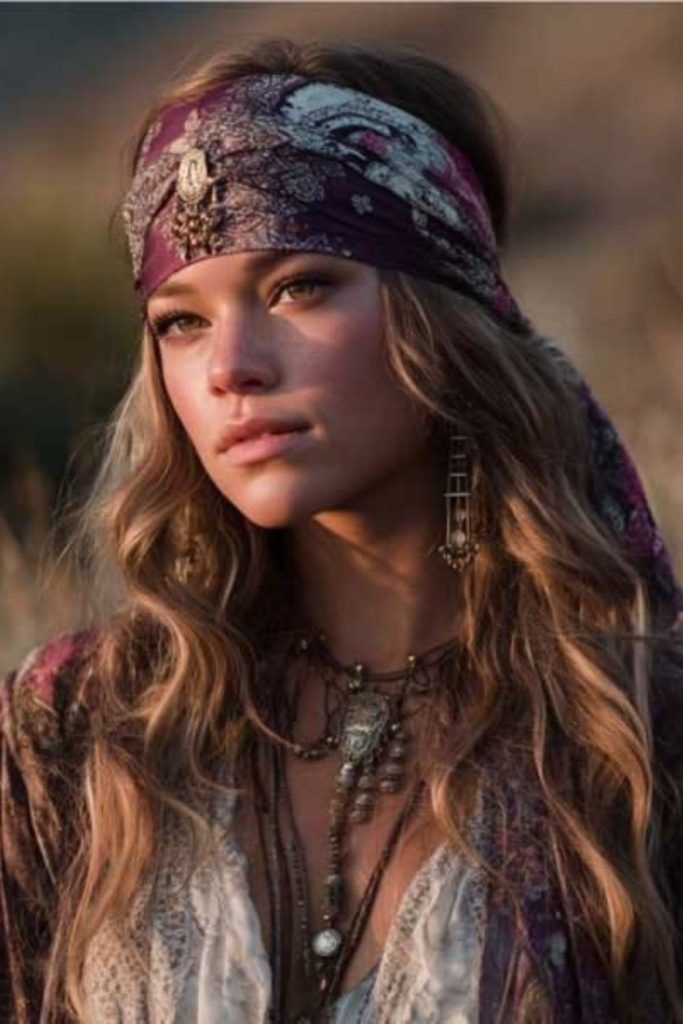 Long layered hair with boho bandana.