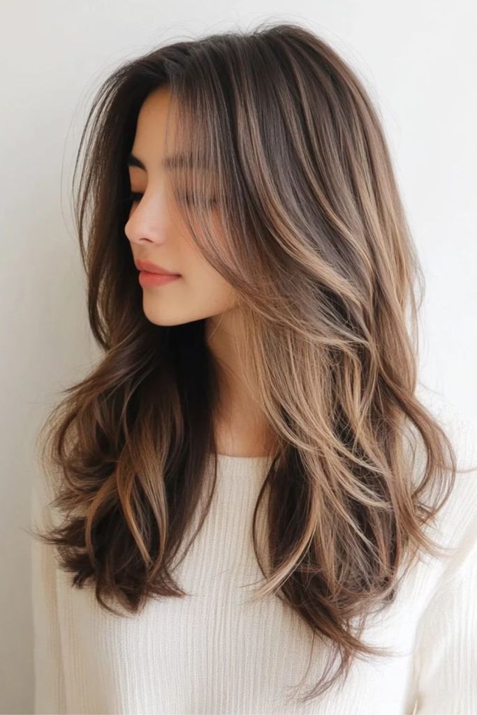 Long layered hair with waves.